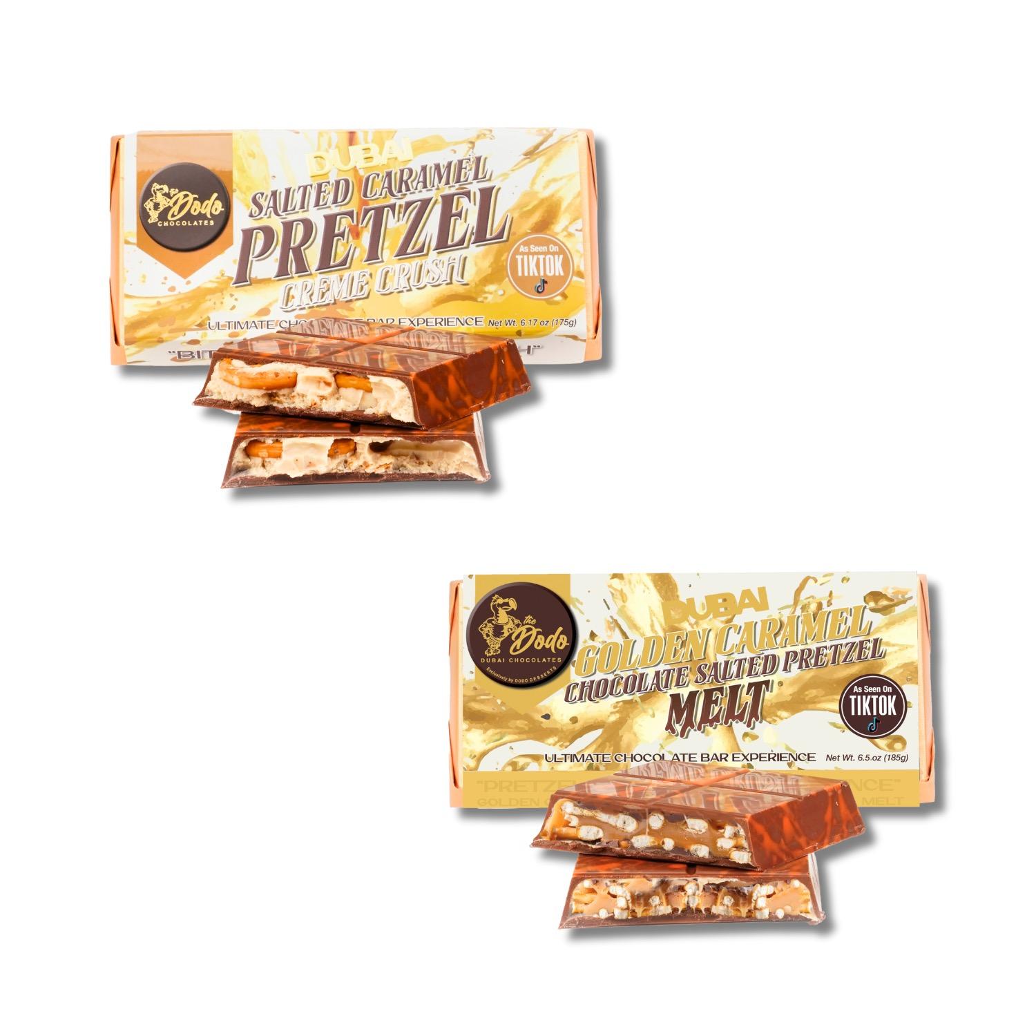 Viral  Dubai Style Salted Caramel Creme Crush & Golden Caramel Milk Chocolate Pretzel Melt Bundle - Limited Edition Sweet & Salty Snack