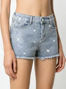 Blue High-Waisted Slimming Fit Denim Jeans Shorts for Women, Elastic Waist, Frayed Hem, Rhinestone Detail, Fashionable Summer New Arrival