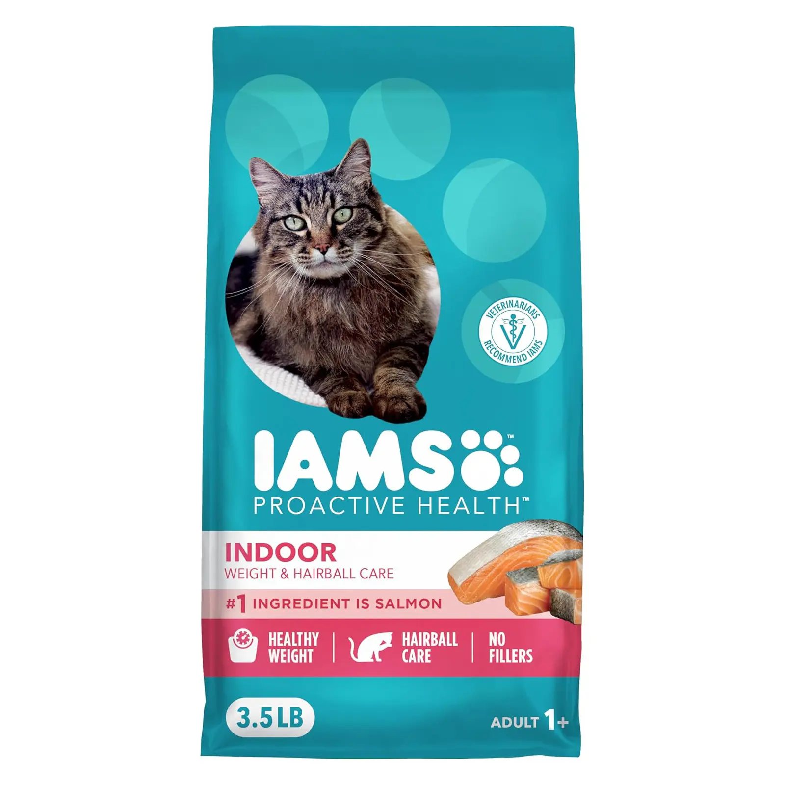 IAMS Proactive Health Indoor Dry Cat Food, Salmon, 3.5 lb Veterinarian-recommended, #1 ingredient real salmon, reduces hairballs, supports healthy weight, boosts immune system