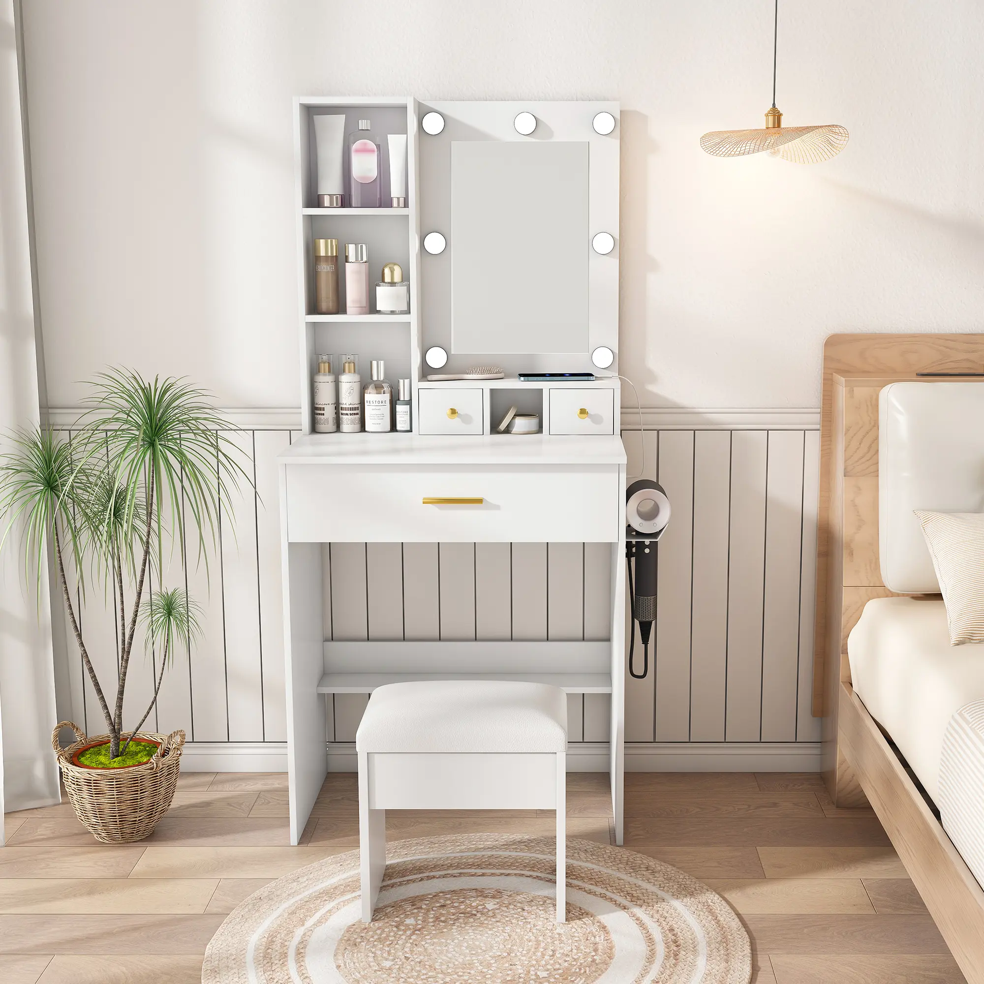White Compact Makeup Vanity Table with Mirror, Adjustable LED Lights, Power Outlet, Hairdryer Holder, Stool, Storage - for Small Bedrooms, Dressing Area, Birthdays; Natural Daylight Simulation for Heated Styling Tools