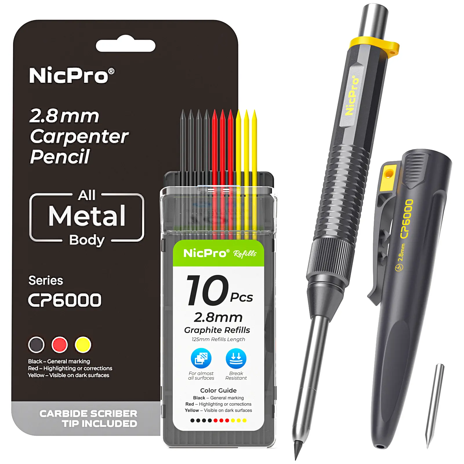 Nicpro 8-IN-1 CP6000 Metal Carpenter Pencil with Sharpener & Sheath, Heavy Duty Metal Body, Deep Hole Construction Pencil +10 Refill & Carbide Scriber Tip, Durable Woodworking Pencil for Marking