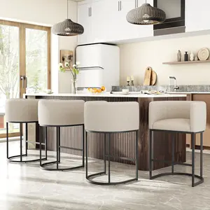 Barrel Back Bar Stools , 26" Counter Height Bar Chairs with Back and Arms, Linen Upholstered Kitchen Island Stools, 350 lbs Capacity, Metal Sled Base, Beige/Oatmeal, Sold as Single or 2-Pack