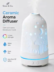 Home Essentials 100ml Essential Oil Diffuser for Home, Ultrasonic Aroma Diffuser & Mini Humidifier, White Ceramic-Style Bedroom Decor with 7-Color LED Night Light, Waterless Auto-Off, Quiet Mist for Office, Living Room, Apartment, Aesthetic Home Decor
