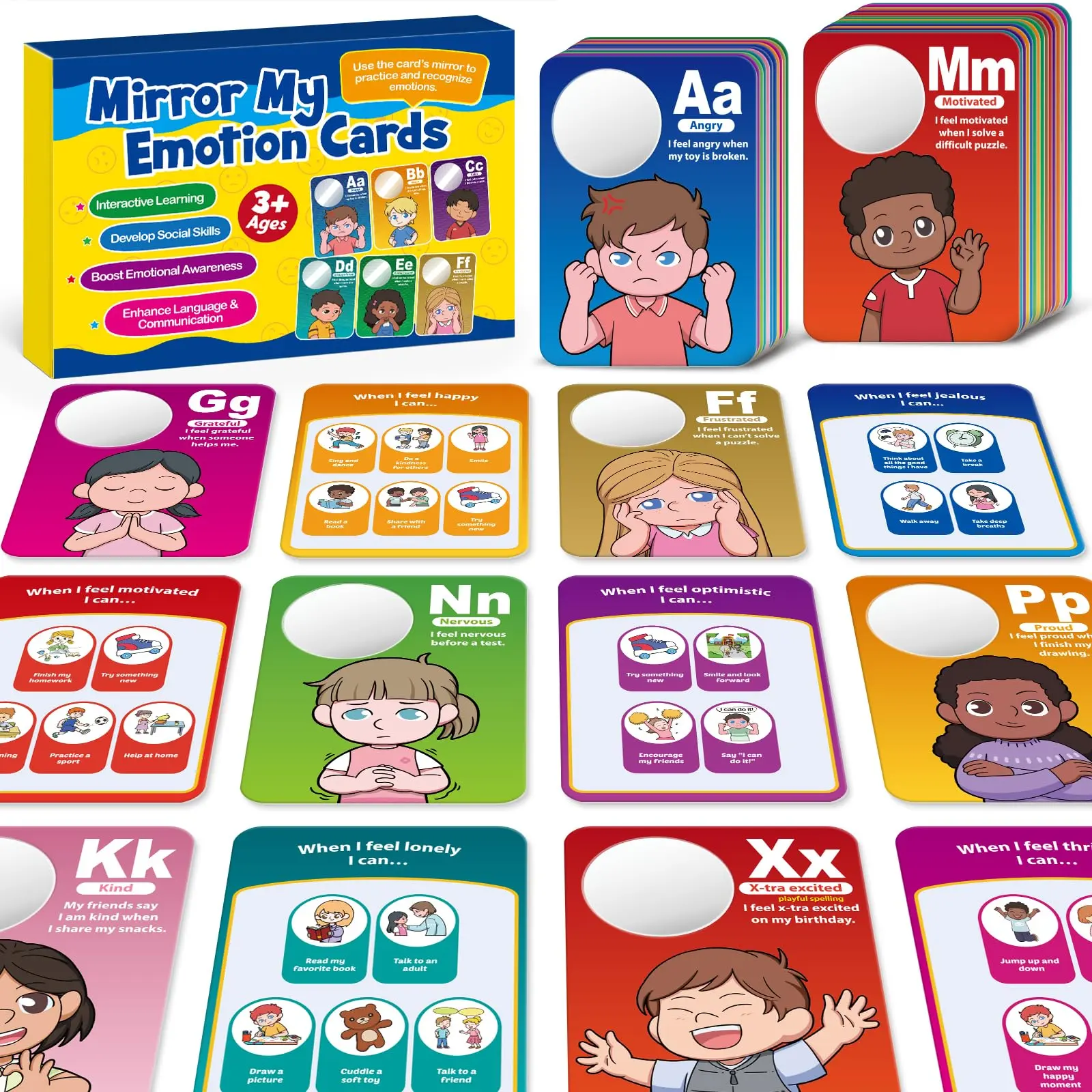 Emotions Learning Flashcards for Kids 26 Trails Big Feelings Decks with Built-In Mirror Social Emotional Skills Alphabet Flashcards for Toddlers Preschool Classroom Kindergarten Parents