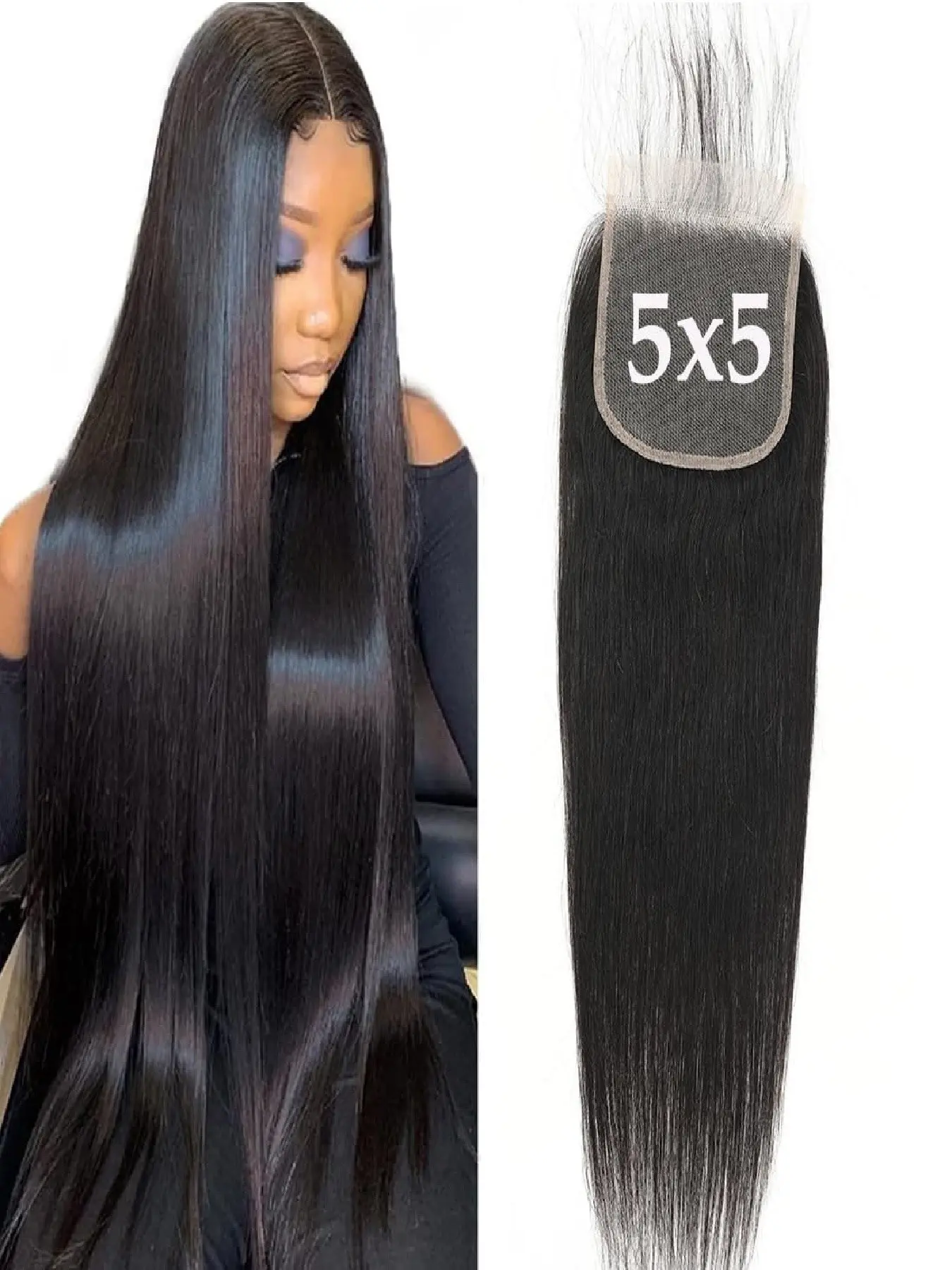 5x5 HD Lace Closure Straight  lace frontal Brazilian Human Hair Extensions  Ultra-thin Invisible Closure Pre Plucked with Baby Hair Natural Black Color Real Brazilian Hair