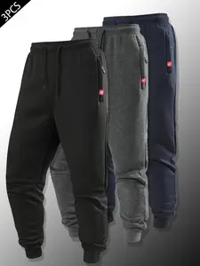 Men's Casual Fitted Jogger Pants, Winter Thick Plain Style, 3-Pack Comfortable & Stylish Men's Clothing for Daily Wear, Runner Pants