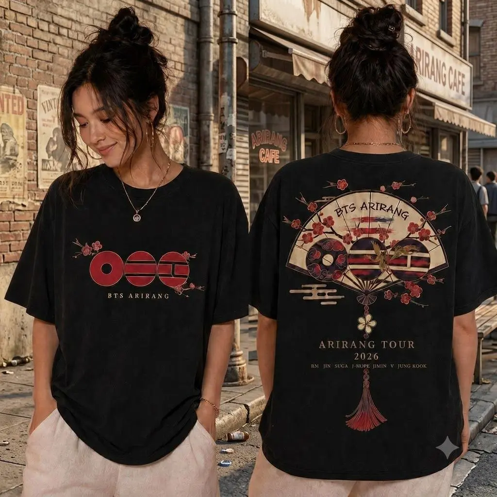 Arirang Korean Folding Fan Shirt, Two Sided Cherry Blossom Tour 2026 Tee, Red Black Kpop Concert Outfit, Fan Gift