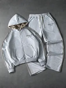 Men's Loose Hoodie and Wide Leg Jogger Set, Leopard Print Embroidery, Casual Comfortable Fit, Spring & Fall Home Wear