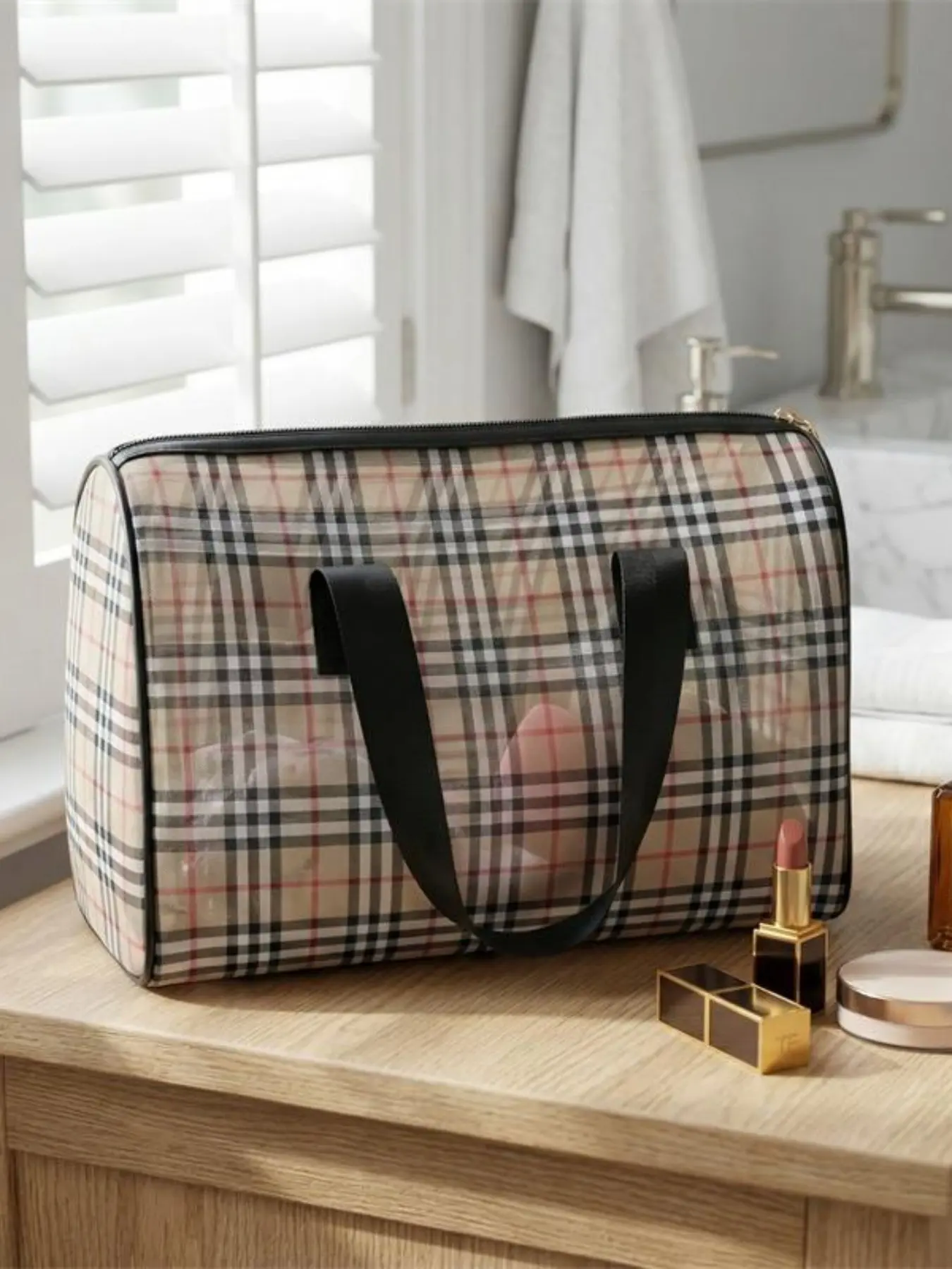 Makeup Bag Grid Travel Organizer PVC Handheld Beach Bag Large Capacity Wash Kit, Cosmetic Pouch, Gingham Pattern, All Seasons Cosmetic Bags, Travel Beauty Bag, Cosmetics Bag