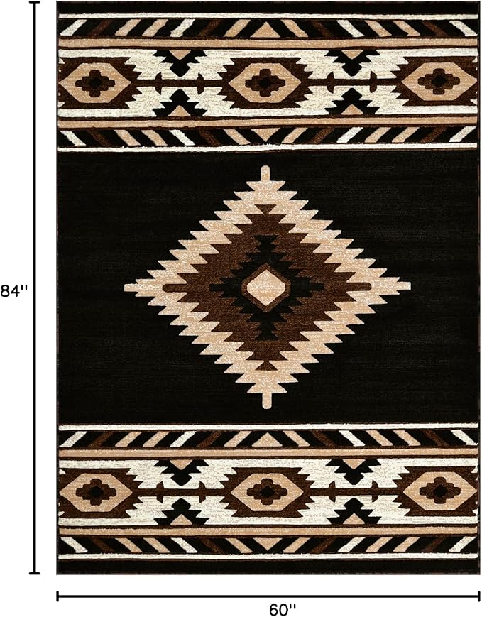 Southwestern Area Rug Washable, Soft Native American Tribal Floor Rugs for Living Room, Bedroom, Hallways, and More - Easy-to-Clean Home Decors - Black