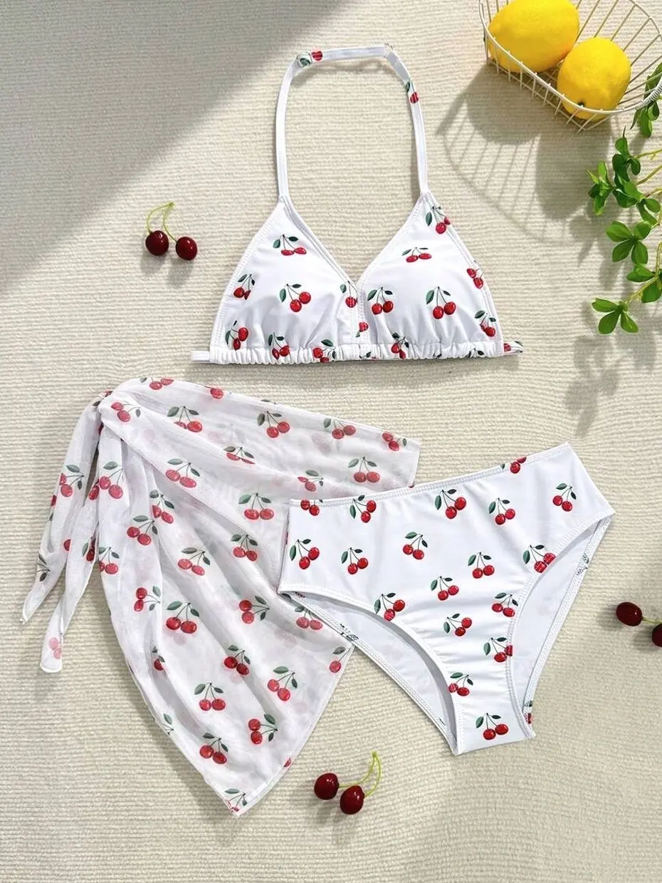 Teen Girls' Cherry Print Bikini With Mesh Beach Skirt, Retro Style Summer Vacation Set
