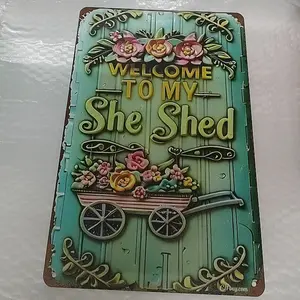 1pc Vintage Style Rustic Farmhouse Design Welcome to My She Shed Decorative Aluminum Sign Wall Hanging Plaque for Garden Home Room Restaurant Bar Cafe Garage Farmhouse Washroom Decor Multipurpose English Wall Art 8x12 Inch