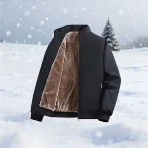 Men's Fleece-Lined Stand Collar Jacket with Zippered Pockets,Plain Color,Thick Warm Fabric for Fall Winter Daily Wear,Size XS-5XL.