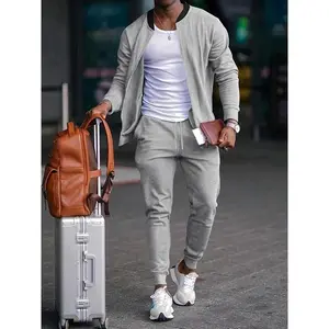 Men's Solid Zip Up Pocket Jacket & Drawstring Waist Pants Sportswear Set, Regular Fit Casual Long Sleeve Baseball Collar Outerwear & Pocket Trousers, Men's Spring & Fall Sportswear