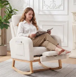 Corduroy Nursery Rocking Chair with Foot Rest - Smooth Rocking, 26" High Backrest - High-Density Sponge Padding - Upholstered Glider with Side Pocket - 300 lbs Capacity - Living Room, Bedroom