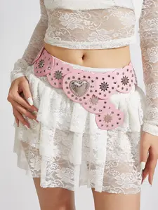 Bohemian Ethnic Style Heart Cutout Rivet Decorated Belt, Y2K Girl Rivet Western Vintage Accessory, Perfect for Music Festivals and Valentine's Day, Boho Style Belt, Trendy Belt