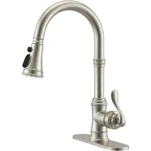 Brushed Nickel Kitchen Faucet with Pull Down Sprayer, Solid Brass Single Handle High Arc Kitchen Sink Faucet, 3  Modes, Deck Plate Included, Farmhouse Bar Kitchen Faucet