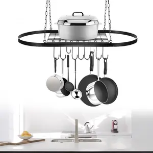 Hanging Pot Rack,Kitchen Utensil Hanger,32" Shelf Width w/9 Hooks,55lbs Max Load,Ceiling Pot/Pan Holder,Heavy-duty Iron Cookware Mount Organizer Hangable Black
