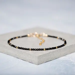 Natural Gemstone Crystal Bracelet, black spinel 2mm Small Tiny Beads Handmade Bracelet for Women, Delicate Women Minimalist Dainty Bracelet