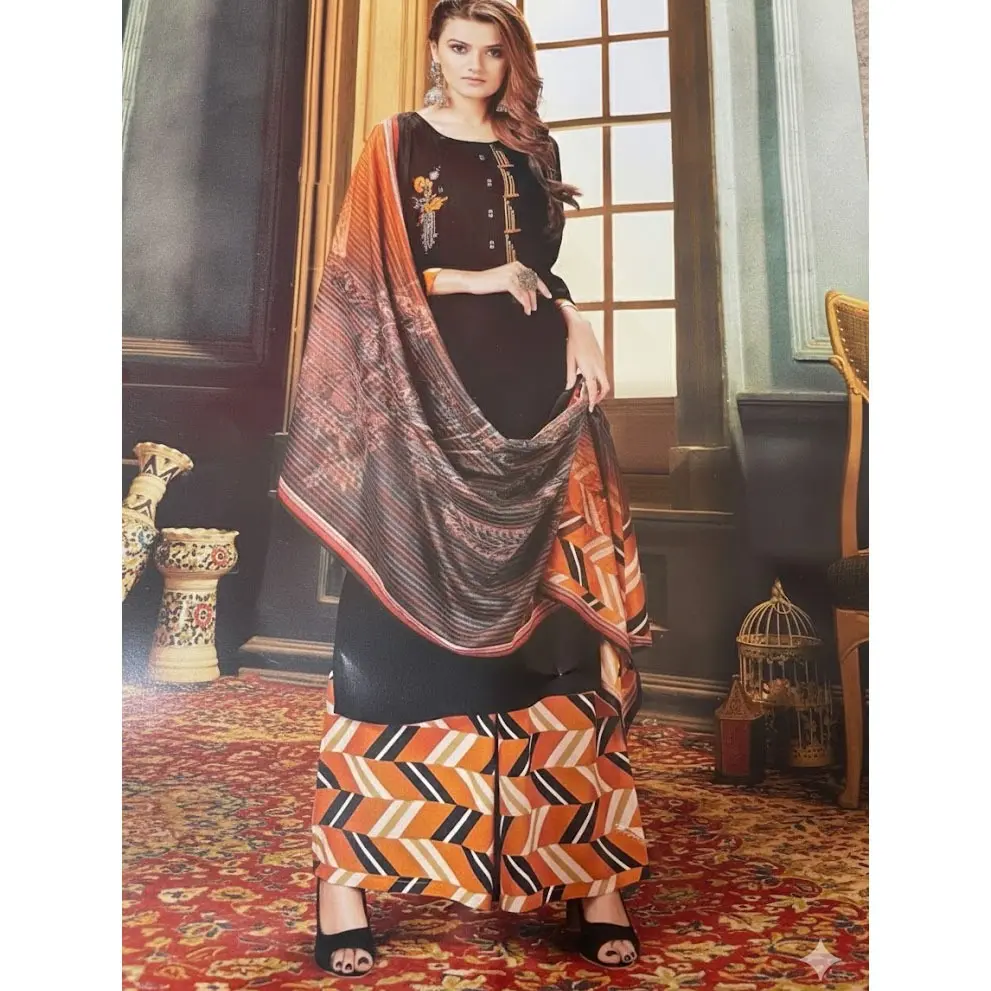 #PL3-7  Black Embroidered Kurta Set with Chevron Palazzo & Printed Dupatta (3‑Piece)