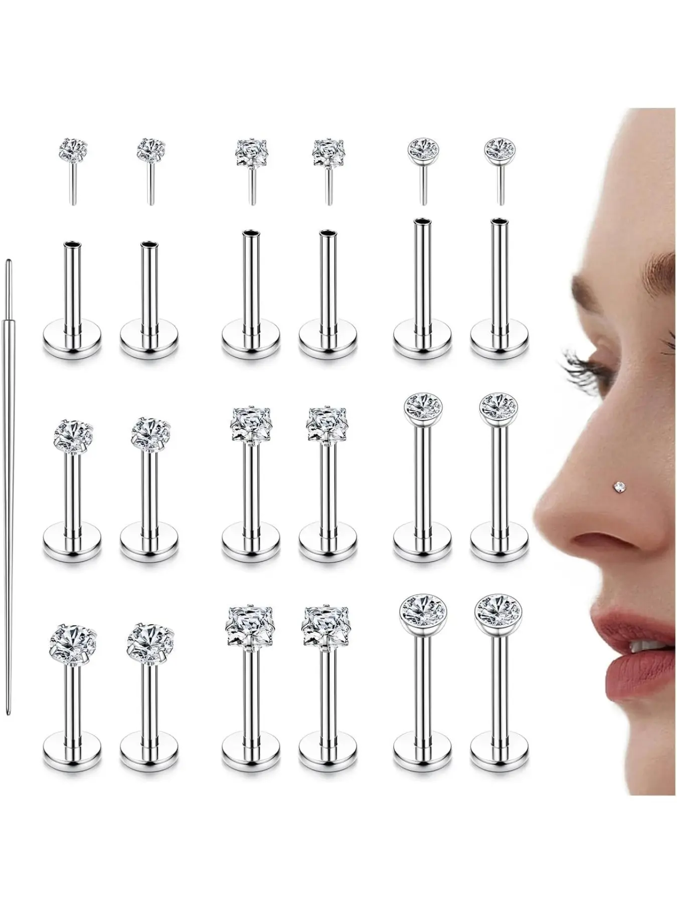 18Pcs 16G/18G/20G Steel Tragus Piercing Jewellery Threadless Push in Nose Studs Labret Stud Lip Bar Tragus Earrings Medusa Piercing Nostril Helix Piercing Jewellery Nose Piercing Jewelry Body Piercing Jewelry