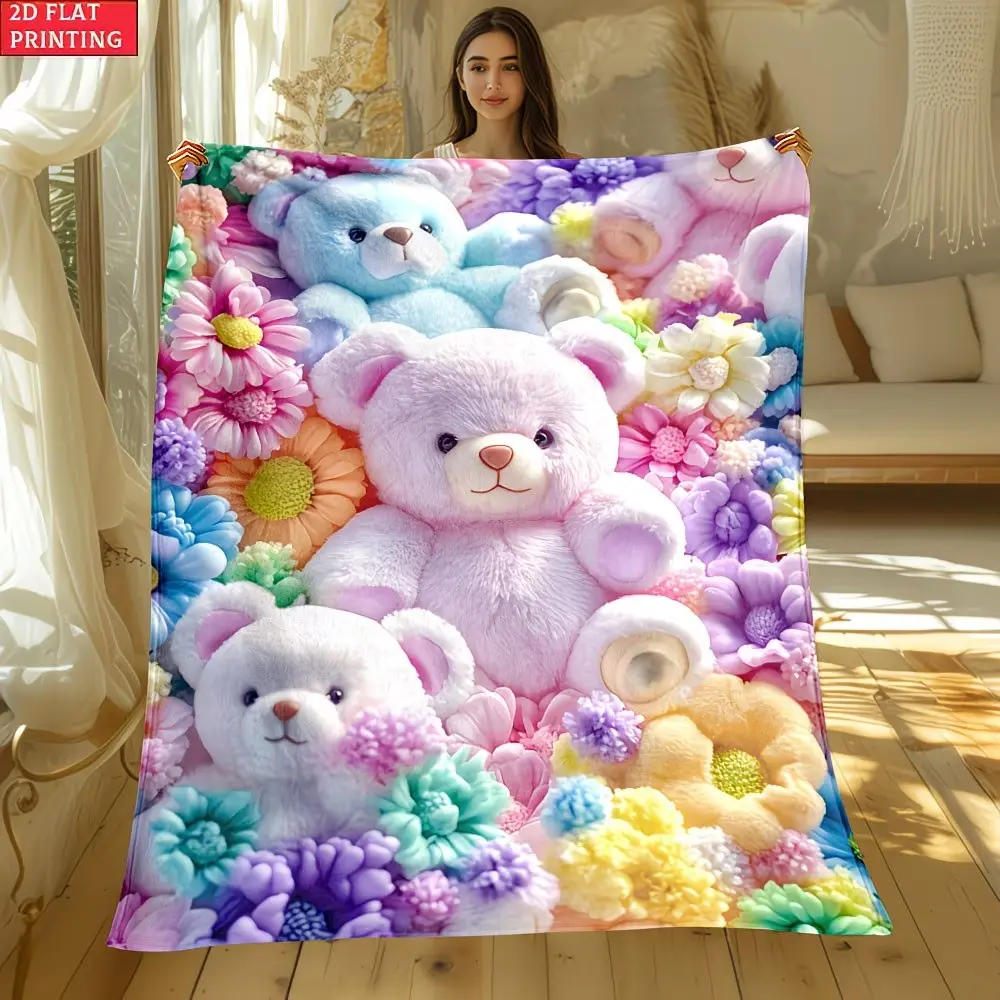 Colorful Teddy Bear Floral Flannel Blanket, Lightweight Cozy Blanket Home Decor, Soft Throw for Sofa Bed, Travel Camping, All Seasons