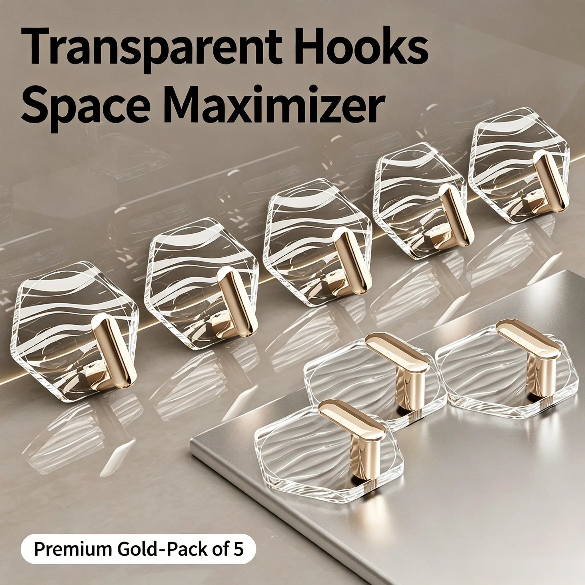 Transparent Wave-Shaped Self-Adhesive Acrylic Gold Hooks (gold pack of 5) - Premium Glossy, Drill-Free, Heavy Duty, Durable, Elegant Minimalist Decor Organiser, Damage-Free Mounting Hooks & Rails, Waterproof Storage for Bathroom Towels, Kitchenware, Stora