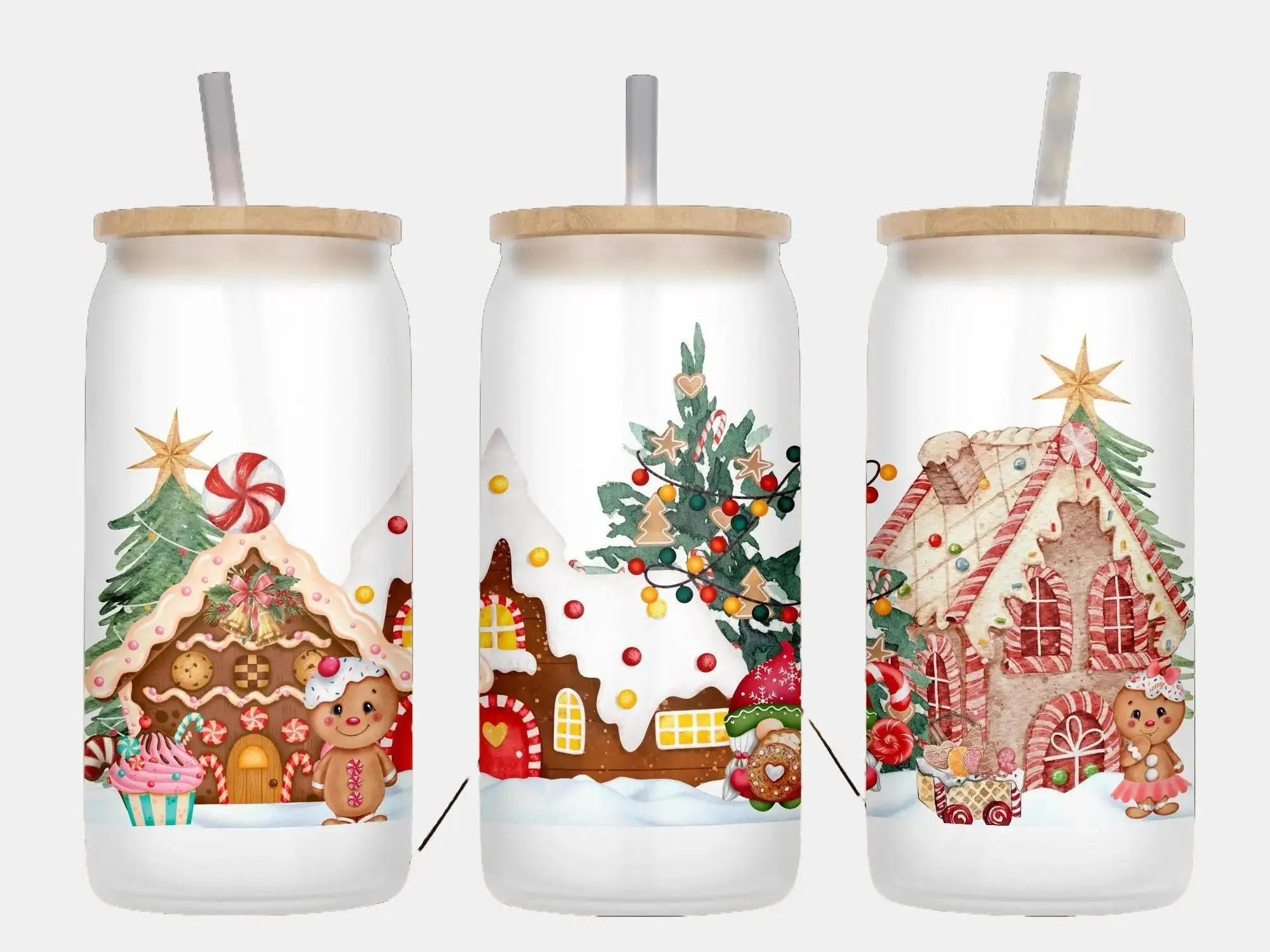 Gingerbread House, Frosted Glass Can, Christmas, Cute Holiday Cup, 16oz Glass Cup with Bamboo Lid and Straw, Frosted Tumbler, Gingerbread Man Design
