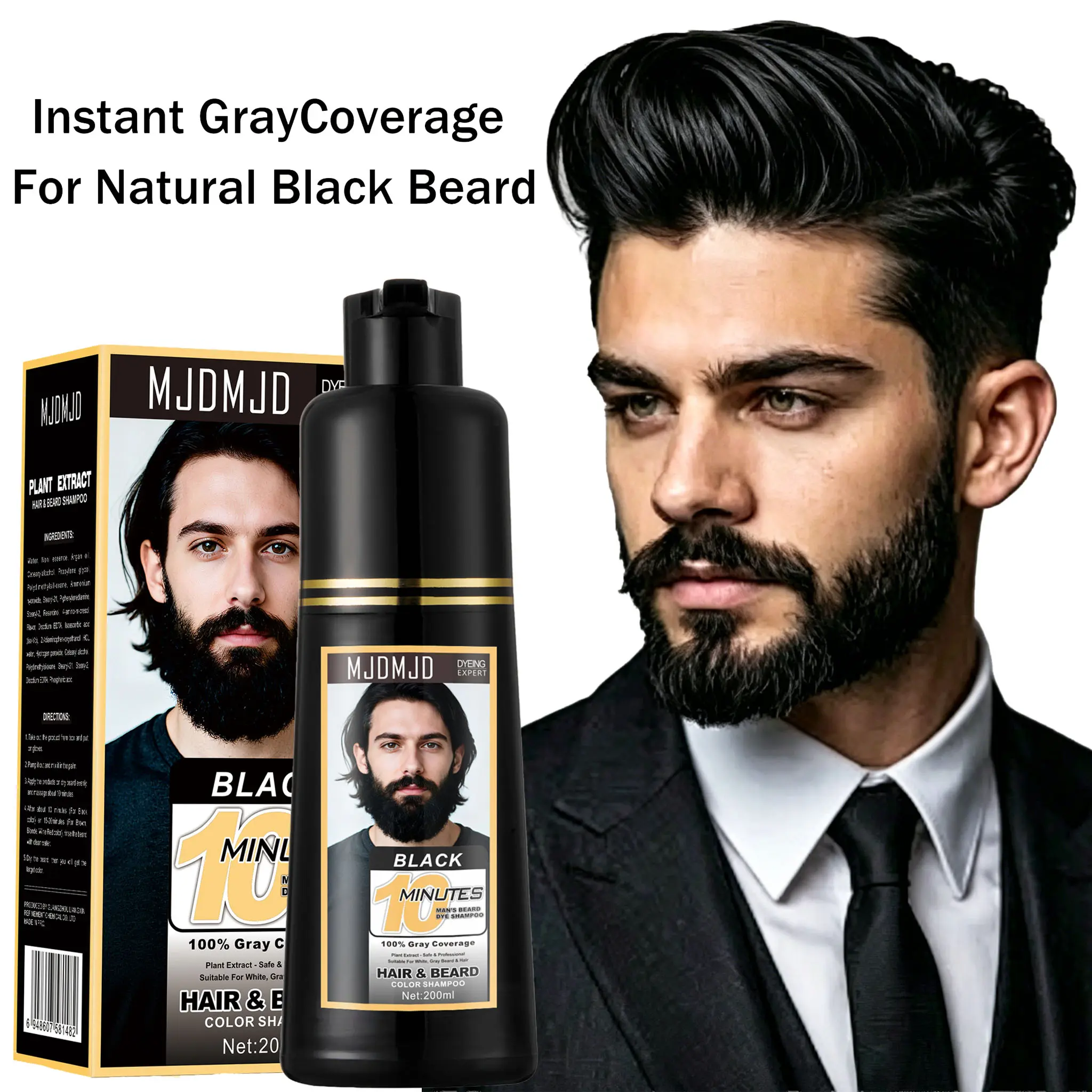 Men's Black Beard and Hair Dye Shampoo 3 in 1 - Long-Lasting Herbal Coloring for Gray Hair, Mustache & Beard in Minutes, 6.76 Fl Oz