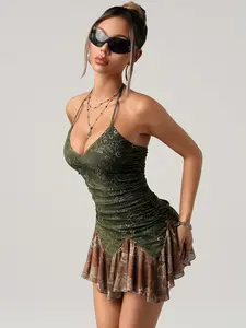 Y2k Spring Beach Boho Green Fashion Vacation Sexy Women s Simple Fashionable Halter Color Block Paisley Print Summer Western Wear Women Dress - Multicolor