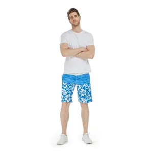 Men Hawaiian Board Shorts in Vintage Hibiscus Blue
