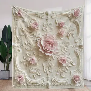 Luxury Bohemian Flannel Blanket - All-Season Soft & Cozy With Embossed Pink Roses On White Floral Print, Machine Washable For Sofa Bed Car Office Camping Travel, Elegant Gift Choice, Sophisticated Design