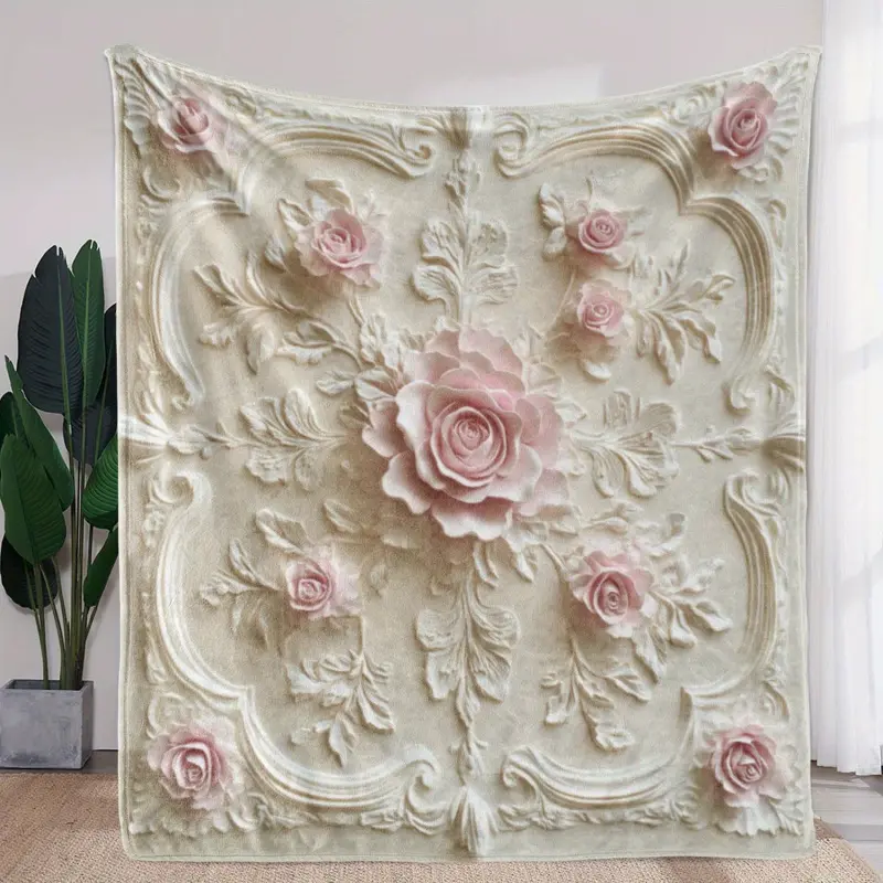 Luxury Bohemian Flannel Blanket - All-Season Soft & Cozy With Embossed Pink Roses On White Floral Print, Machine Washable For Sofa Bed Car Office Camping Travel, Elegant Gift Choice, Sophisticated Design