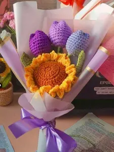 Handmade Crochet Tulip & Sunflower Bouquet Purple Theme 12 Inch Gift Bouquet with Purple Ribbon and Organza Wrapping