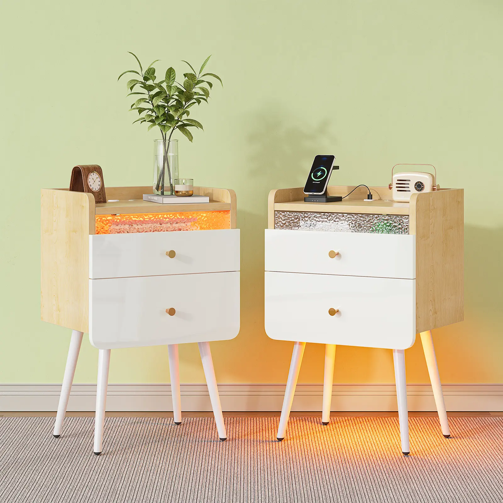 Pinmoco Modern 2-Piece Oak Wood Nightstand Set - Luxury Tall Wood Bedside Tables with 2 Hidden Storage Drawers, LED Lights, Charging Station, Protective Raised Guardrail, Anti-Slip Rubber Pads, Assembly Required Side Table Dresser