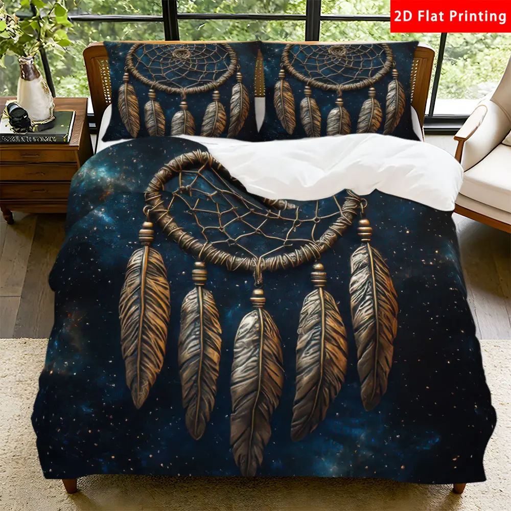 2/3 Pcs 2D Flat Dreamcatcher Inspired Duvet Cover Set Dreamcatcher Bedding Set Quilt Cover 1 Duvet Cover + 1/2 Pillowcases Celestial Starry Night Top Sheet Decorative Bedding Bedroom Decor
