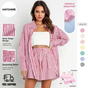 Katch Me Chic Women's Versatile Color Matching Striped Short Sleeve Shirt & Drawstring Waist Shorts Loungewear Co-ord, Lightweight Wrinkle-Resistant Loose Two Piece Sets, Skin-Friendly Daily Outfit