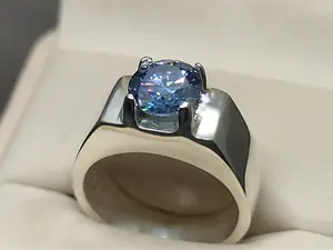 2 Carat Diamond Cut Blue Moissanite Diamond Sterling Silver 925 Handmade Men's Plain Ring