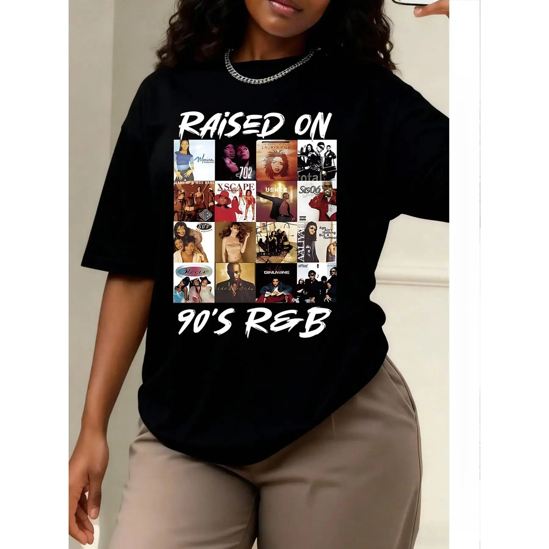 Women's Casual Loose-Fitting Round Neck T-Shirt, 90's R&b Fashion Print, Summer Home Wear, Daily Vacation Outdoor Clothing