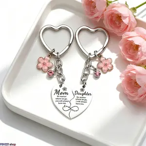 2-pcs Mom Daughter Matching Heart Split Keychain Set Engraved Design Cherry Blossom Charm Sweet Family Gift Ornament
