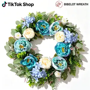 Bibelot 24-Inch Artificial Blue Peony & Hydrangea Floral Wreath - Farmhouse Garden-Inspired Decor for Front Door, Room, Wall, Wardrobe, Mother's Day Gift (Indoor/Outdoor Use),summervibes outdoorfun