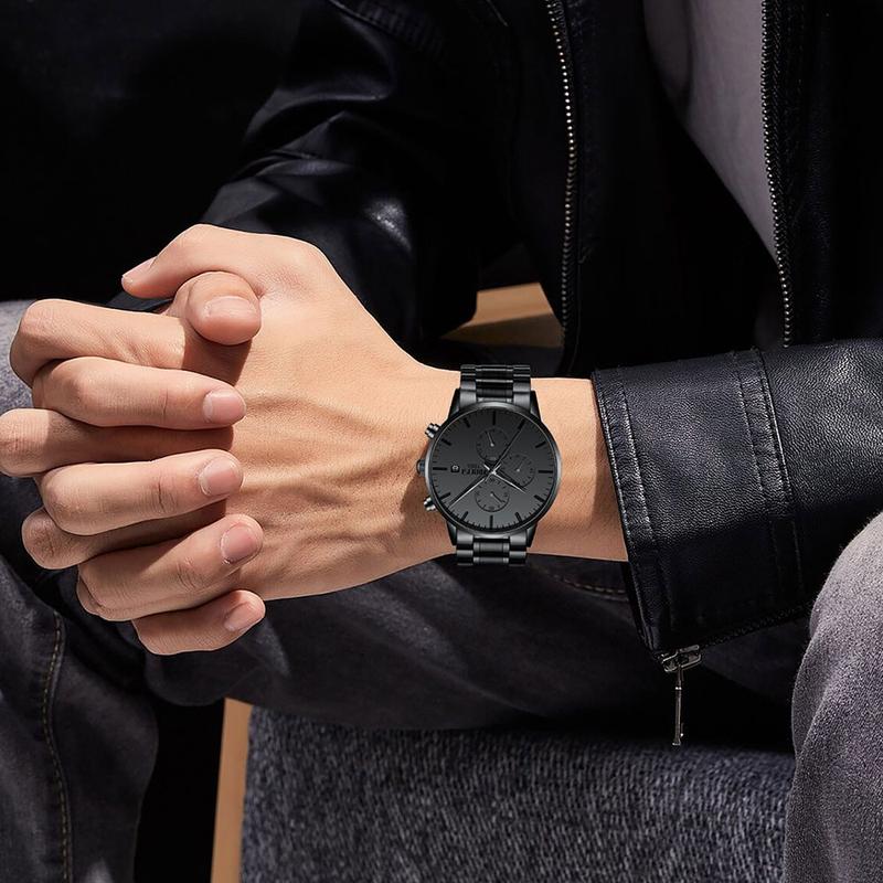 【Clearance sale】NIBOSI Men's Watches Analog Minimalist Black Dial Watches for Men Business Chronograph Military Casual Wrist Watches Stainless Steel Strap Date