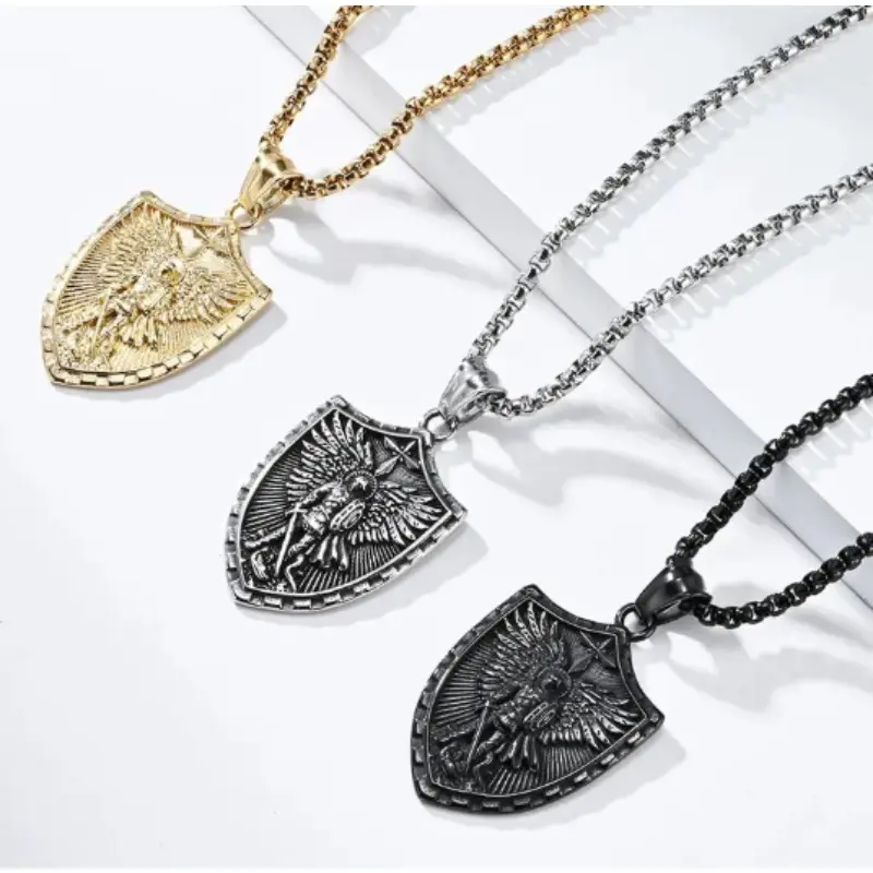 Stainless Steel Shield Style Necklace with Engraved Archangel Michael, Waterproof Religious Pendant with Psalm 27:1 Verse, Engraved Jewelry, Shield Style Necklaces, Religious Design Necklaces