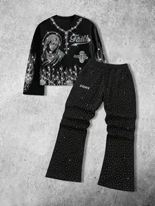 Men's two-piece set: long-sleeved Fitted Graphic printed T-shirt and rhinestone-print trousers, gothic Streetwear style, avant-garde rock vibe, decorated with sparkling flame-patterned rhinestone embellishments.