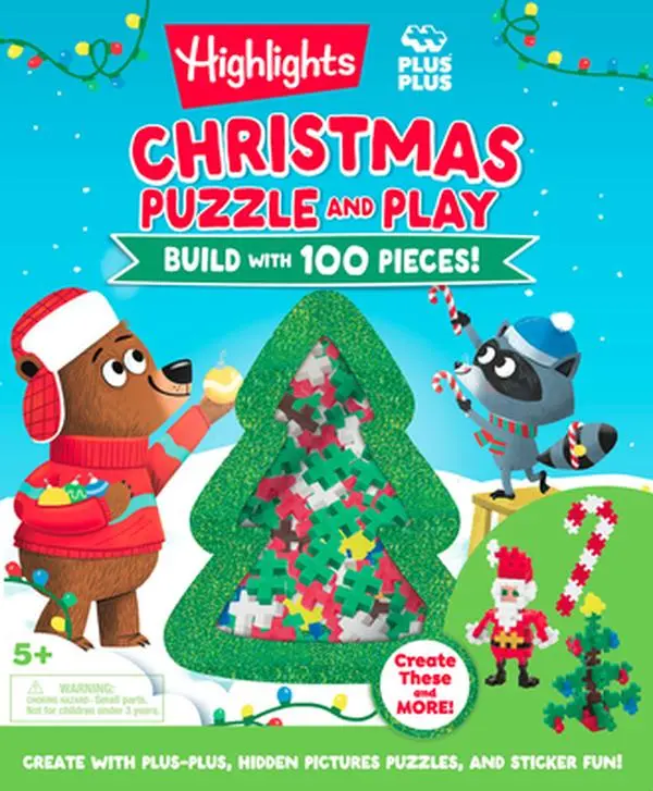 Christmas Puzzle and Play: Build with 100 Pieces!: Holiday Puzzle and Building Set with Hidden Objects, Stickers and Plus-Plus Building Blocks for Kid -- Highlights, Hardcover
