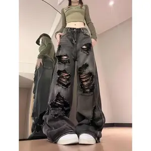 Women's High Waist Ripped Jeans - Y2K Harajuku Hip Hop Streetwear Vintage Distressed Wide Leg Baggy Denim Pants for Spring/Fall Casual Outfits, Spring Fall Attire, Nontransparent Fabric