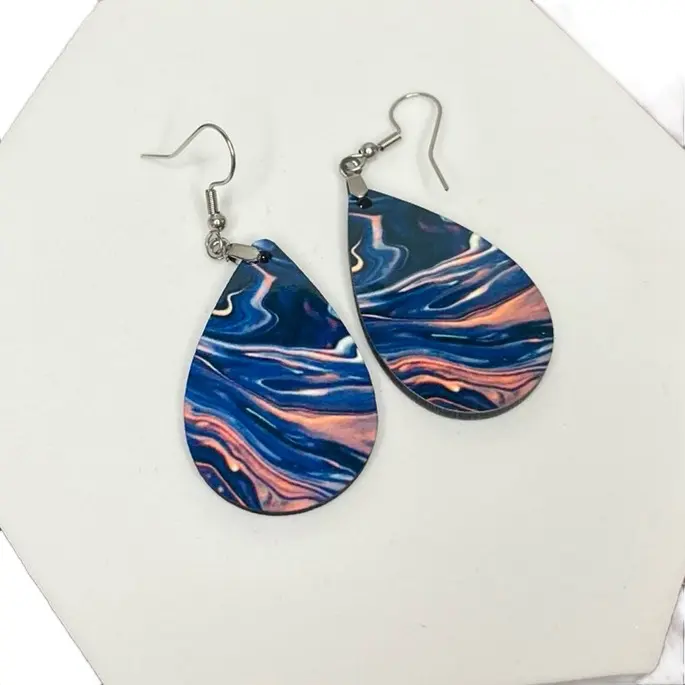 Mommamels Creations Sublimation MDF Tear Drop Earrings - Purple swirl Print, 1.5-Inch Length, Unisex, Sterling Silver Hooks, Double Sides Design