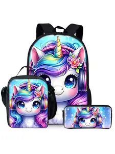 Cute unicorn print backpack three-piece set, including lunch bag, pencil case, and backpack