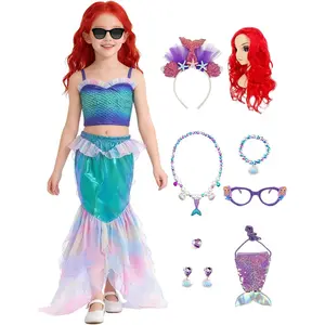 X-CPA09   Mermaid Costume Dress Girls Kids Princess Dress Up Birthday Cosplay Halloween Costumes with Wig Accessories