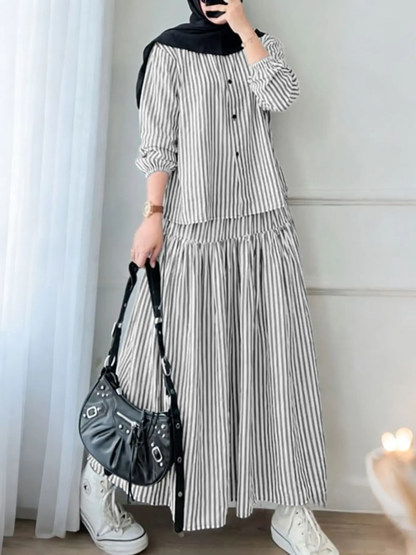 Women's Casual Modest Set, Button Front Long Sleeve Striped Blouse + High Waist Skirt Design, Perfect for Daily, Two Piece Matching Set for Women, Fashion Set